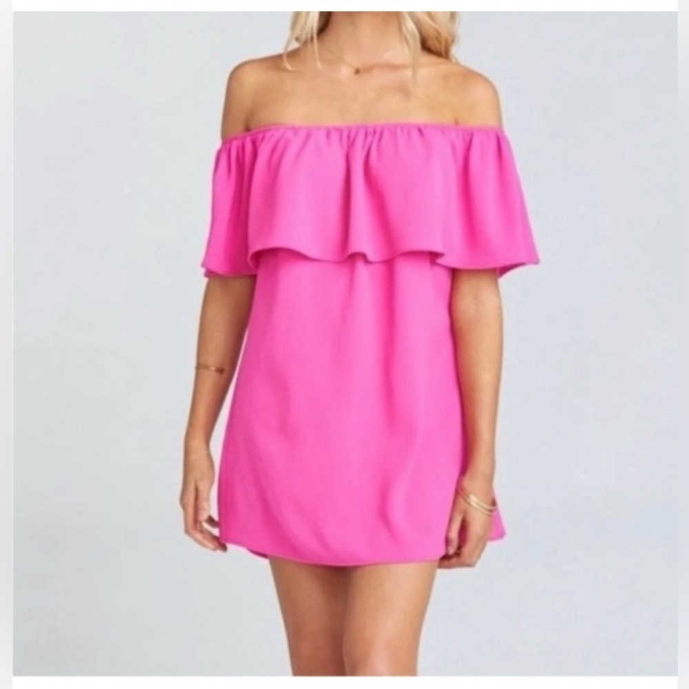 Show Me Your Mumu Off the Shoulder Hot Pink Magenta Bold Ruffle Mini Dress Small